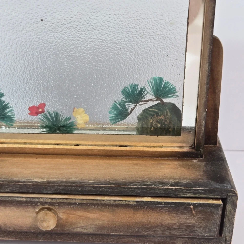 Vintage Wooden Jewelry Box Diorama Mirror Miniature Pine Tree Trinket Drawer 7in